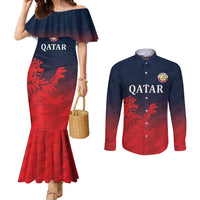 Custom Qatar Cricket Couples Matching Mermaid Dress and Long Sleeve Button Shirt Red Sporty Pattern