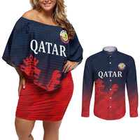 Custom Qatar Cricket Couples Matching Off Shoulder Short Dress and Long Sleeve Button Shirt Red Sporty Pattern LT9 - Wonder Print Shop