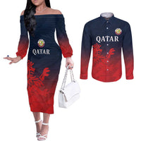 Custom Qatar Cricket Couples Matching Off The Shoulder Long Sleeve Dress and Long Sleeve Button Shirt Red Sporty Pattern