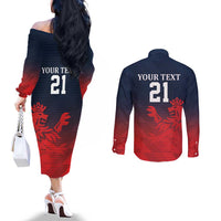 Custom Qatar Cricket Couples Matching Off The Shoulder Long Sleeve Dress and Long Sleeve Button Shirt Red Sporty Pattern