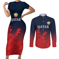 Custom Qatar Cricket Couples Matching Short Sleeve Bodycon Dress and Long Sleeve Button Shirt Red Sporty Pattern LT9 - Wonder Print Shop