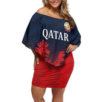 Custom Qatar Cricket Off Shoulder Short Dress Red Sporty Pattern - Wonder Print Shop