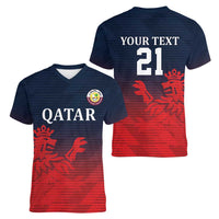 Custom Qatar Cricket Women V-Neck T-Shirt Red Sporty Pattern - Wonder Print Shop