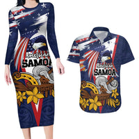 USA-American Samoa Flag Day Personalized Couples Matching Long Sleeve Bodycon Dress and Hawaiian Shirt Bald Eagle Polynesian Tribal Pattern