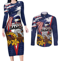 USA-American Samoa Flag Day Personalized Couples Matching Long Sleeve Bodycon Dress and Long Sleeve Button Shirt Bald Eagle Polynesian Tribal Pattern