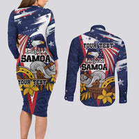 USA-American Samoa Flag Day Personalized Couples Matching Long Sleeve Bodycon Dress and Long Sleeve Button Shirt Bald Eagle Polynesian Tribal Pattern
