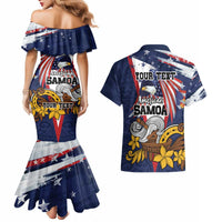 USA-American Samoa Flag Day Personalized Couples Matching Mermaid Dress and Hawaiian Shirt Bald Eagle Polynesian Tribal Pattern