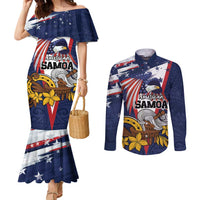 USA-American Samoa Flag Day Personalized Couples Matching Mermaid Dress and Long Sleeve Button Shirt Bald Eagle Polynesian Tribal Pattern