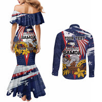 USA-American Samoa Flag Day Personalized Couples Matching Mermaid Dress and Long Sleeve Button Shirt Bald Eagle Polynesian Tribal Pattern