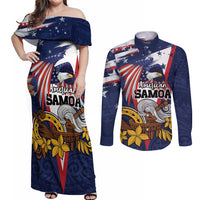 USA-American Samoa Flag Day Personalized Couples Matching Off Shoulder Maxi Dress and Long Sleeve Button Shirt Bald Eagle Polynesian Tribal Pattern