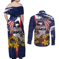 USA-American Samoa Flag Day Personalized Couples Matching Off Shoulder Maxi Dress and Long Sleeve Button Shirt Bald Eagle Polynesian Tribal Pattern