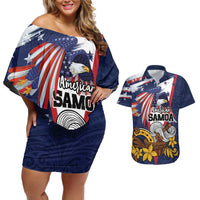USA-American Samoa Flag Day Personalized Couples Matching Off Shoulder Short Dress and Hawaiian Shirt Bald Eagle Polynesian Tribal Pattern