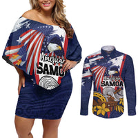 USA-American Samoa Flag Day Personalized Couples Matching Off Shoulder Short Dress and Long Sleeve Button Shirt Bald Eagle Polynesian Tribal Pattern