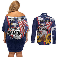 USA-American Samoa Flag Day Personalized Couples Matching Off Shoulder Short Dress and Long Sleeve Button Shirt Bald Eagle Polynesian Tribal Pattern