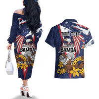 USA-American Samoa Flag Day Personalized Couples Matching Off The Shoulder Long Sleeve Dress and Hawaiian Shirt Bald Eagle Polynesian Tribal Pattern