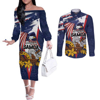 USA-American Samoa Flag Day Personalized Couples Matching Off The Shoulder Long Sleeve Dress and Long Sleeve Button Shirt Bald Eagle Polynesian Tribal Pattern