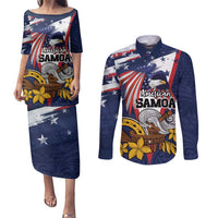 USA-American Samoa Flag Day Personalized Couples Matching Puletasi and Long Sleeve Button Shirt Bald Eagle Polynesian Tribal Pattern