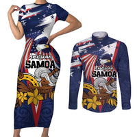 USA-American Samoa Flag Day Personalized Couples Matching Short Sleeve Bodycon Dress and Long Sleeve Button Shirt Bald Eagle Polynesian Tribal Pattern