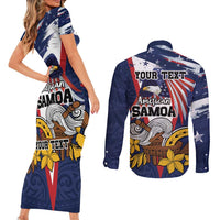 USA-American Samoa Flag Day Personalized Couples Matching Short Sleeve Bodycon Dress and Long Sleeve Button Shirt Bald Eagle Polynesian Tribal Pattern