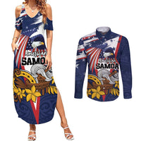 USA-American Samoa Flag Day Personalized Couples Matching Summer Maxi Dress and Long Sleeve Button Shirt Bald Eagle Polynesian Tribal Pattern