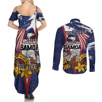 USA-American Samoa Flag Day Personalized Couples Matching Summer Maxi Dress and Long Sleeve Button Shirt Bald Eagle Polynesian Tribal Pattern