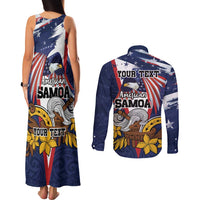 USA-American Samoa Flag Day Personalized Couples Matching Tank Maxi Dress and Long Sleeve Button Shirt Bald Eagle Polynesian Tribal Pattern