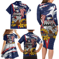 USA-American Samoa Flag Day Personalized Family Matching Long Sleeve Bodycon Dress and Hawaiian Shirt Bald Eagle Polynesian Tribal Pattern