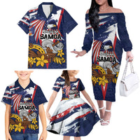 USA-American Samoa Flag Day Personalized Family Matching Off The Shoulder Long Sleeve Dress and Hawaiian Shirt Bald Eagle Polynesian Tribal Pattern