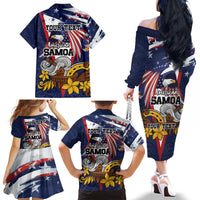 USA-American Samoa Flag Day Personalized Family Matching Off The Shoulder Long Sleeve Dress and Hawaiian Shirt Bald Eagle Polynesian Tribal Pattern