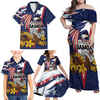 USA-American Samoa Flag Day Personalized Family Matching Off Shoulder Maxi Dress and Hawaiian Shirt Bald Eagle Polynesian Tribal Pattern