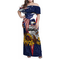 USA-American Samoa Flag Day Personalized Family Matching Off Shoulder Maxi Dress and Hawaiian Shirt Bald Eagle Polynesian Tribal Pattern