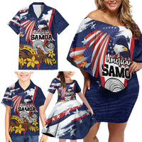 USA-American Samoa Flag Day Personalized Family Matching Off Shoulder Short Dress and Hawaiian Shirt Bald Eagle Polynesian Tribal Pattern