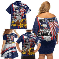 USA-American Samoa Flag Day Personalized Family Matching Off Shoulder Short Dress and Hawaiian Shirt Bald Eagle Polynesian Tribal Pattern