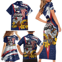 USA-American Samoa Flag Day Personalized Family Matching Short Sleeve Bodycon Dress and Hawaiian Shirt Bald Eagle Polynesian Tribal Pattern