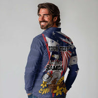 USA-American Samoa Flag Day Personalized Long Sleeve Polo Shirt Bald Eagle Polynesian Tribal Pattern