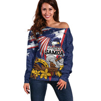 USA-American Samoa Flag Day Personalized Off Shoulder Sweater Bald Eagle Polynesian Tribal Pattern