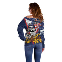 USA-American Samoa Flag Day Personalized Off Shoulder Sweater Bald Eagle Polynesian Tribal Pattern