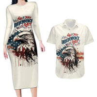 Happy Fourth of July Personalized Couples Matching Long Sleeve Bodycon Dress and Hawaiian Shirt Bald Eagle USA Independence Day
