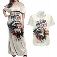 Happy Fourth of July Personalized Couples Matching Off Shoulder Maxi Dress and Hawaiian Shirt Bald Eagle USA Independence Day
