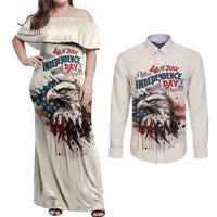 Happy Fourth of July Personalized Couples Matching Off Shoulder Maxi Dress and Long Sleeve Button Shirt Bald Eagle USA Independence Day