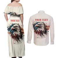 Happy Fourth of July Personalized Couples Matching Off Shoulder Maxi Dress and Long Sleeve Button Shirt Bald Eagle USA Independence Day