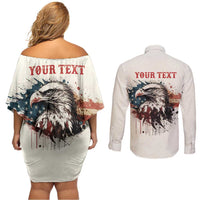 Happy Fourth of July Personalized Couples Matching Off Shoulder Short Dress and Long Sleeve Button Shirt Bald Eagle USA Independence Day