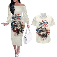 Happy Fourth of July Personalized Couples Matching Off The Shoulder Long Sleeve Dress and Hawaiian Shirt Bald Eagle USA Independence Day