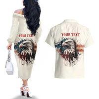 Happy Fourth of July Personalized Couples Matching Off The Shoulder Long Sleeve Dress and Hawaiian Shirt Bald Eagle USA Independence Day