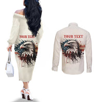 Happy Fourth of July Personalized Couples Matching Off The Shoulder Long Sleeve Dress and Long Sleeve Button Shirt Bald Eagle USA Independence Day