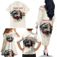 Happy Fourth of July Personalized Family Matching Off The Shoulder Long Sleeve Dress and Hawaiian Shirt Bald Eagle USA Independence Day