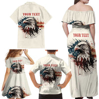 Happy Fourth of July Personalized Family Matching Off Shoulder Maxi Dress and Hawaiian Shirt Bald Eagle USA Independence Day