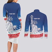 History Began 4th of July Personalized Couples Matching Long Sleeve Bodycon Dress and Long Sleeve Button Shirt Statue of Liberty US Flag