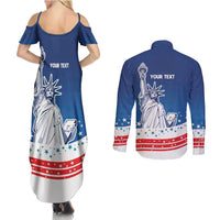 History Began 4th of July Personalized Couples Matching Summer Maxi Dress and Long Sleeve Button Shirt Statue of Liberty US Flag
