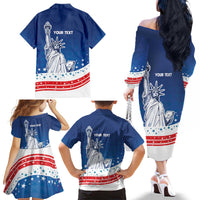 History Began 4th of July Personalized Family Matching Off The Shoulder Long Sleeve Dress and Hawaiian Shirt Statue of Liberty US Flag